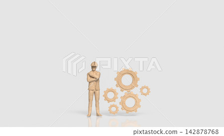 Construction Engineer with Wooden Gears Representing Industrial Teamwork 3d render. Construction Engineer with Wooden Gears Representing Industrial Teamwork 3d render. 142878768