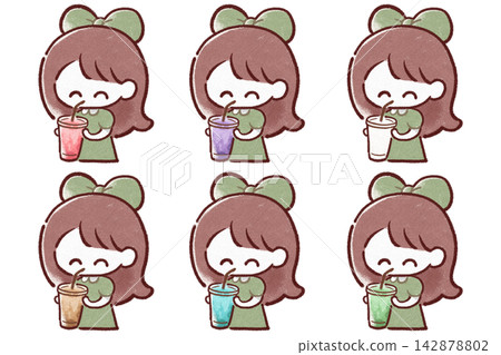 一組描繪女孩用吸管喝飲料的插圖。 一組描繪女孩用吸管喝飲料的插圖。 142878802