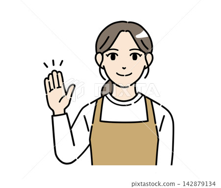 Illustration of a young female staff member raising her hand to guide someone. Illustration of a young female staff member raising her hand to guide someone. 142879134
