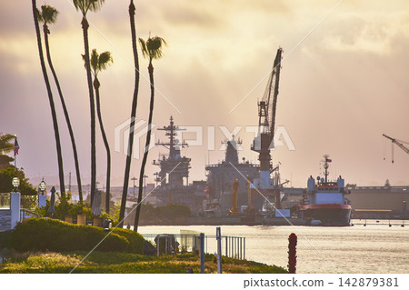 San Diego Bay Palm Trees and Navy Military Ships at Golden Hour San Diego Bay Palm Trees and Navy Military Ships at Golden Hour 142879381