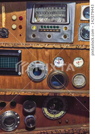Vintage Analog Control Panel With Gauges Dials And Retro Radio Tuner Vintage Analog Control Panel With Gauges Dials And Retro Radio Tuner 142879443