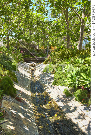 Tranquil Garden Water Feature and Lush Greenery at The Getty Center Los Angeles Tranquil Garden Water Feature and Lush Greenery at The Getty Center Los Angeles 142879473