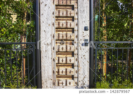 Rustic Wooden Door with Iron Fence and Lush Greenery in Sunlit Venice Canal District Rustic Wooden Door with Iron Fence and Lush Greenery in Sunlit Venice Canal District 142879567