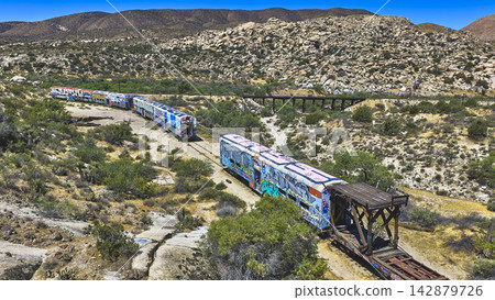 Aerial Abandoned Caltrain Passenger Train Graffiti Desert Landscape California Aerial Abandoned Caltrain Passenger Train Graffiti Desert Landscape California 142879726