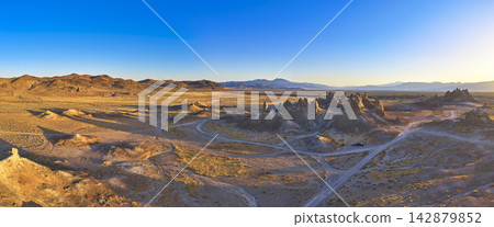Aerial Trona Pinnacles California Desert Landscape at Golden Hour Aerial Trona Pinnacles California Desert Landscape at Golden Hour 142879852