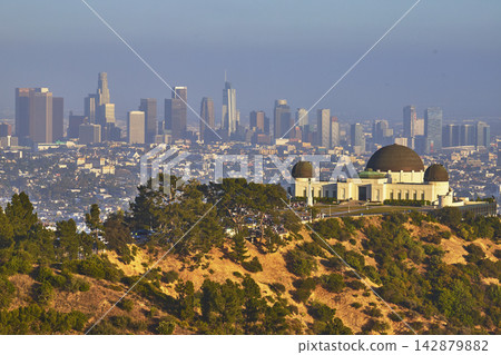 Griffith Observatory and Los Angeles Skyline at Sunset from Griffith Park Hilltop Griffith Observatory and Los Angeles Skyline at Sunset from Griffith Park Hilltop 142879882