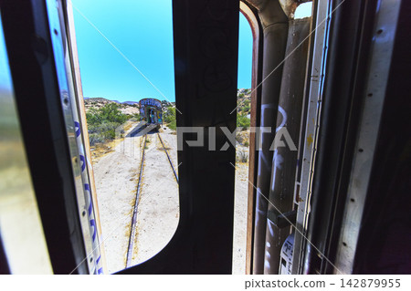 Abandoned Graffiti Train Cars on Desert Tracks California Urban Exploration 142879955