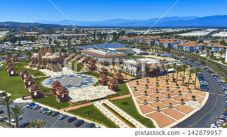 Aerial BAPS Shri Swaminarayan Mandir Indian Temple and Courtyard San Bernardino Aerial BAPS Shri Swaminarayan Mandir Indian Temple and Courtyard San Bernardino 142879957