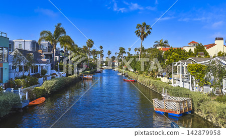Venice Canal Historic District Waterway and Palm Trees Los Angeles California Venice Canal Historic District Waterway and Palm Trees Los Angeles California 142879958
