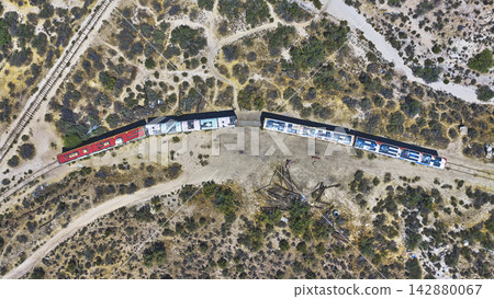 Aerial Top Down Abandoned Caltrain Passenger Train Graffiti Jacumba Hot Springs California Aerial Top Down Abandoned Caltrain Passenger Train Graffiti Jacumba Hot Springs California 142880067