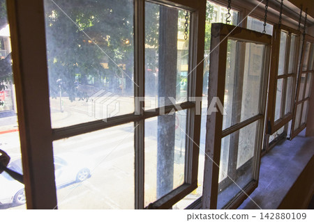 Vintage Bookstore Windows Overlooking Sunny Los Angeles Street Urban Daytime 142880109