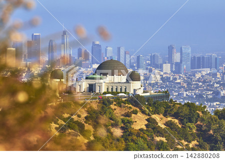 Griffith Observatory and Los Angeles Skyline with Griffith Park Hills Afternoon Griffith Observatory and Los Angeles Skyline with Griffith Park Hills Afternoon 142880208