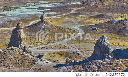 Aerial Trona Pinnacles Tufa Towers and Winding Desert Roads California Aerial Trona Pinnacles Tufa Towers and Winding Desert Roads California 142880372