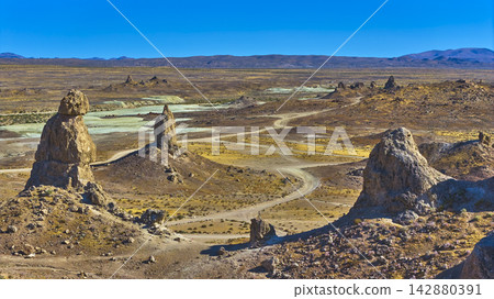Trona Pinnacles California Back Country Road and Desert Landscape 142880391
