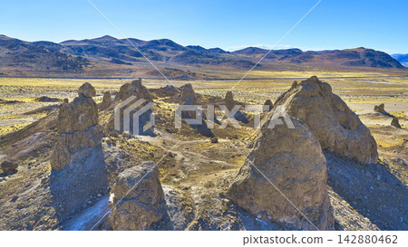 Aerial Trona Pinnacles California Desert Tufa Spires and Mountain Landscape Aerial Trona Pinnacles California Desert Tufa Spires and Mountain Landscape 142880462