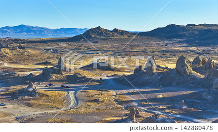 Aerial Trona Pinnacles Desert Landscape California Tufa Spires and Mountains Aerial Trona Pinnacles Desert Landscape California Tufa Spires and Mountains 142880478