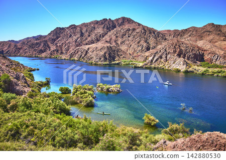 Willow Beach Colorado River and Desert Mountains with Recreational Boating Arizona Willow Beach Colorado River and Desert Mountains with Recreational Boating Arizona 142880530