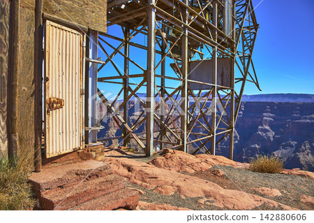 Abandoned Mine Structure Overlooking Grand Canyon West in Arizona Desert 142880606