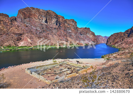 Abandoned Gauging Station Foundation Beside Colorado River in Arizona Desert Canyon 142880670