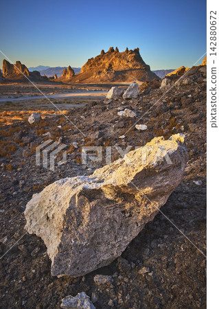 Trona Pinnacles Rock Formation and Desert Landscape at Golden Hour California 142880672