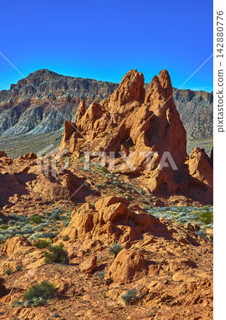Red Sandstone Pinnacles Desert Landscape and Mountain in Bright Valley of Fire Nevada Red Sandstone Pinnacles Desert Landscape and Mountain in Bright Valley of Fire Nevada 142880776