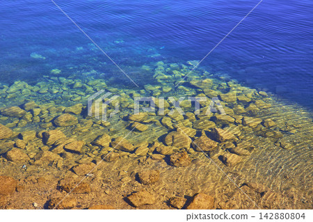 Rocky Riverbed and Crystal Clear Water with Blue Hues at Willow Beach Arizona 142880804