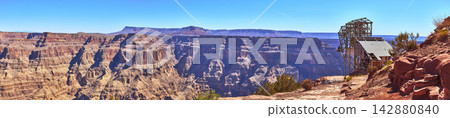 Panorama Grand Canyon West Arizona Abandoned Mine Structure and Red Rock Cliffs Panorama Grand Canyon West Arizona Abandoned Mine Structure and Red Rock Cliffs 142880840