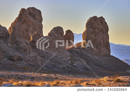 Trona Pinnacles Rock Formations at Golden Hour in California Desert Landscape Trona Pinnacles Rock Formations at Golden Hour in California Desert Landscape 142880864
