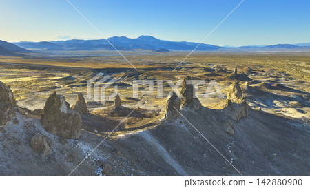 Aerial Trona Pinnacles Tufa Spires and Desert Landscape California Aerial Trona Pinnacles Tufa Spires and Desert Landscape California 142880900