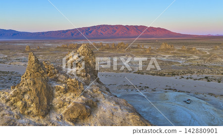 Aerial Trona Pinnacles Unique Tufa Spires and Desert Landscape at Golden Hour Aerial Trona Pinnacles Unique Tufa Spires and Desert Landscape at Golden Hour 142880901