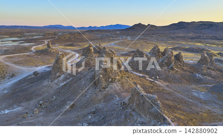 Aerial Trona Pinnacles Tufa Formations and Desert Landscape California Aerial Trona Pinnacles Tufa Formations and Desert Landscape California 142880902