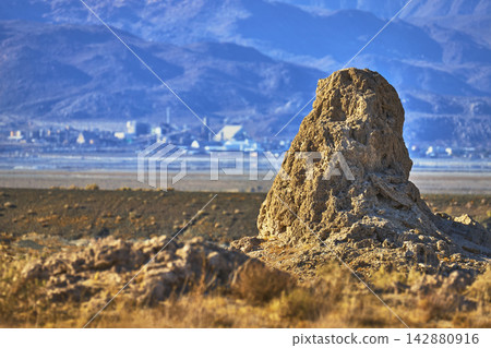 Trona Pinnacles Tufa Formation and Desert Plain at Golden Hour California Trona Pinnacles Tufa Formation and Desert Plain at Golden Hour California 142880916