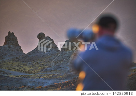 Golden Hour Photographer at Trona Pinnacles California with Dramatic Rock Formations Golden Hour Photographer at Trona Pinnacles California with Dramatic Rock Formations 142880918
