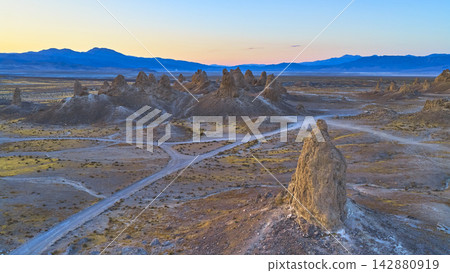 Aerial Trona Pinnacles Tufa Spires and Desert Landscape at Sunrise California 142880919