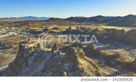 Aerial Trona Pinnacles Tufa Spires and Desert Landscape California Aerial Trona Pinnacles Tufa Spires and Desert Landscape California 142880920