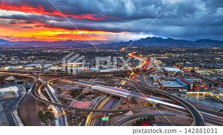 Aerial Las Vegas Spaghetti Bowl Highway Downtown Cityscape at Golden Hour Aerial Las Vegas Spaghetti Bowl Highway Downtown Cityscape at Golden Hour 142881031
