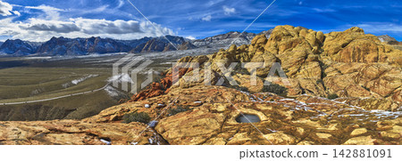 Aerial Red Rock Canyon Calico Hills Snowy Scenic Drive Panorama Nevada Aerial Red Rock Canyon Calico Hills Snowy Scenic Drive Panorama Nevada 142881091