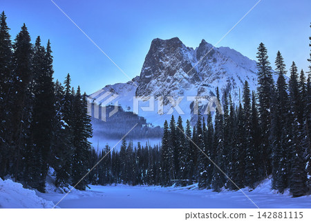 Snowy Pine Forest Frozen Lake and Dramatic Mountain Peak Winter Landscape Snowy Pine Forest Frozen Lake and Dramatic Mountain Peak Winter Landscape 142881115