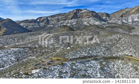 Aerial Red Rock Canyon Scenic Drive Snowy Desert Mountains Nevada Aerial Red Rock Canyon Scenic Drive Snowy Desert Mountains Nevada 142881116