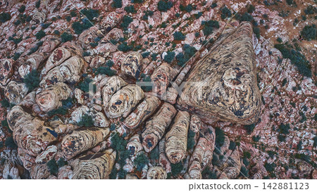 Aerial Red Rock Calico Hills Sandstone Formations With Snow Top Down 142881123