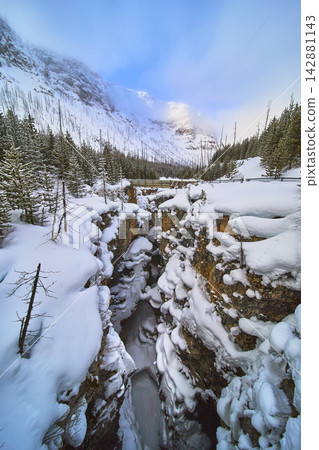 Snow Covered Canyon and Frozen River with Pine Forest in Winter Mountain Landscape Snow Covered Canyon and Frozen River with Pine Forest in Winter Mountain Landscape 142881143