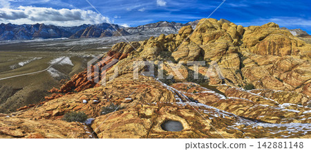 Aerial Red Rock Canyon Calico Hills Snow Scenic Drive Panorama Nevada Aerial Red Rock Canyon Calico Hills Snow Scenic Drive Panorama Nevada 142881148