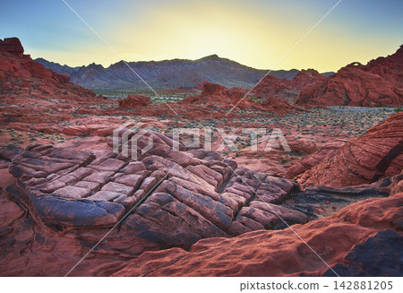 Red Sandstone Formations Sunrise Desert Landscape Valley of Fire Nevada Red Sandstone Formations Sunrise Desert Landscape Valley of Fire Nevada 142881205