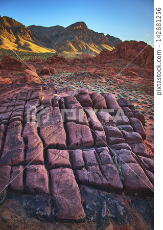 Valley of Fire Red Sandstone Formations and Desert Mountains Nevada Landscape Valley of Fire Red Sandstone Formations and Desert Mountains Nevada Landscape 142881256