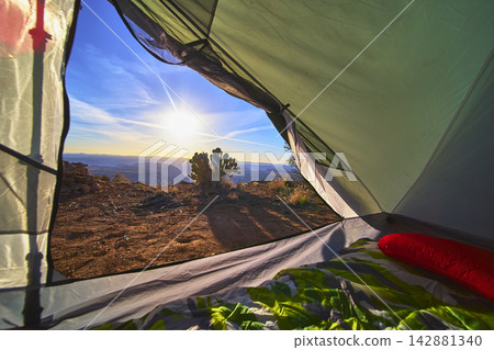 Tent Camping Sunrise View Grand Canyon Wilderness Interior Arizona Tent Camping Sunrise View Grand Canyon Wilderness Interior Arizona 142881340