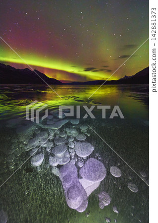 Frozen Methane Bubbles Northern Lights and Mountain Silhouette Reflected on Winter Lake Frozen Methane Bubbles Northern Lights and Mountain Silhouette Reflected on Winter Lake 142881373