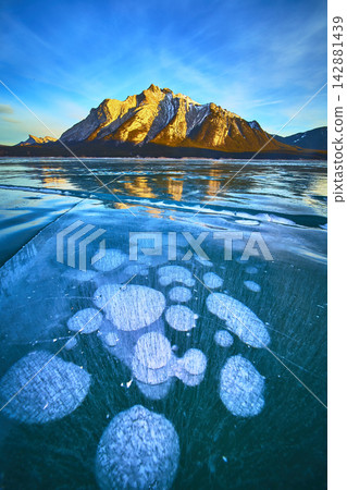 Frozen Methane Bubbles Under Ice with Rugged Mountain and Winter Sky Reflection Frozen Methane Bubbles Under Ice with Rugged Mountain and Winter Sky Reflection 142881439