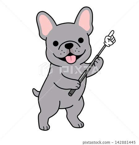 An illustration of a French Bulldog holding a pointer and pointing upwards (for information/attention). An illustration of a French Bulldog holding a pointer and pointing upwards (for information/attention). 142881445