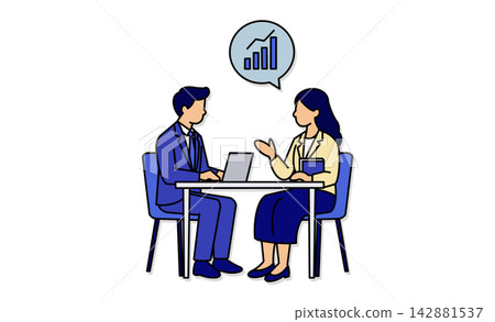 Line art illustration icon of a company meeting where an employee and a female expert discuss performance improvement and business growth. Line art illustration icon of a company meeting where an employee and a female expert discuss performance improvement and business growth. 142881537