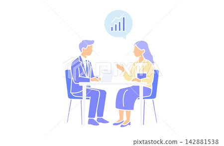 Line art illustration icon of a company meeting where an employee and a female expert discuss performance improvement and business growth. 142881538
